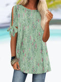 Crew Neck Floral Printed Knot Cuff Blouse