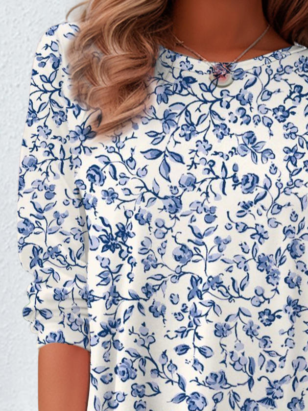 Women's Floral Spring Print Casual Round Neck Long Sleeve Tunic T-Shirt