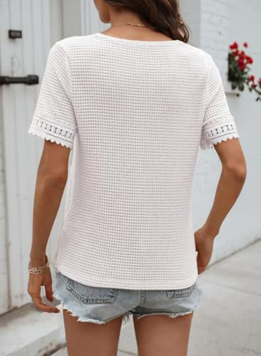 Knitted Lace Block V Neck Short Sleeve Casual T-Shirt