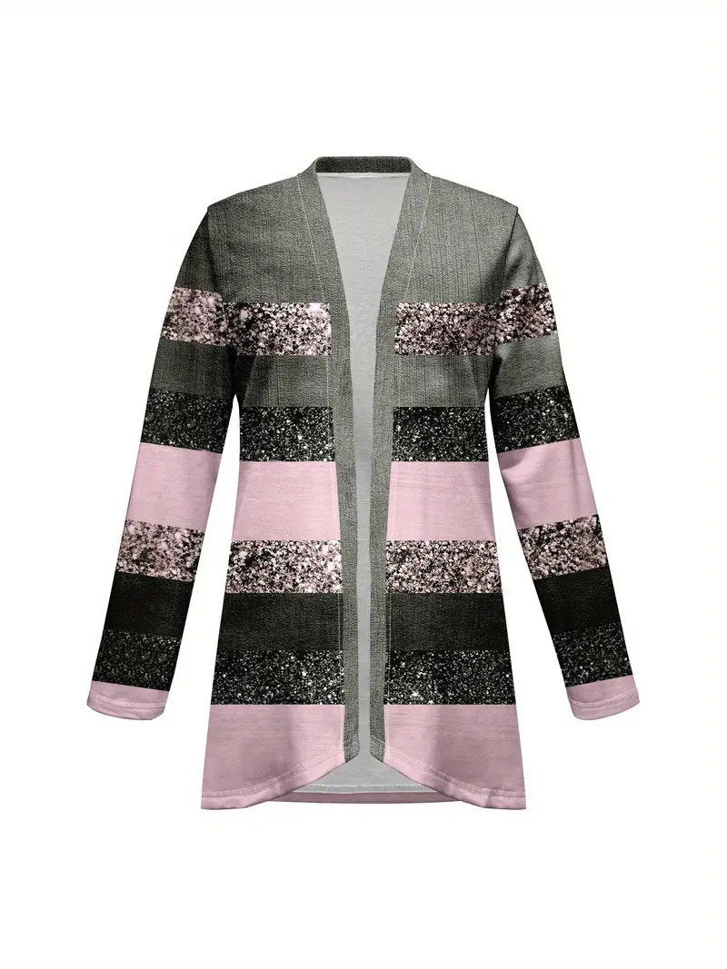 Women's Elegant Lightweight Cardigan Striped Print Long Sleeve Jacket