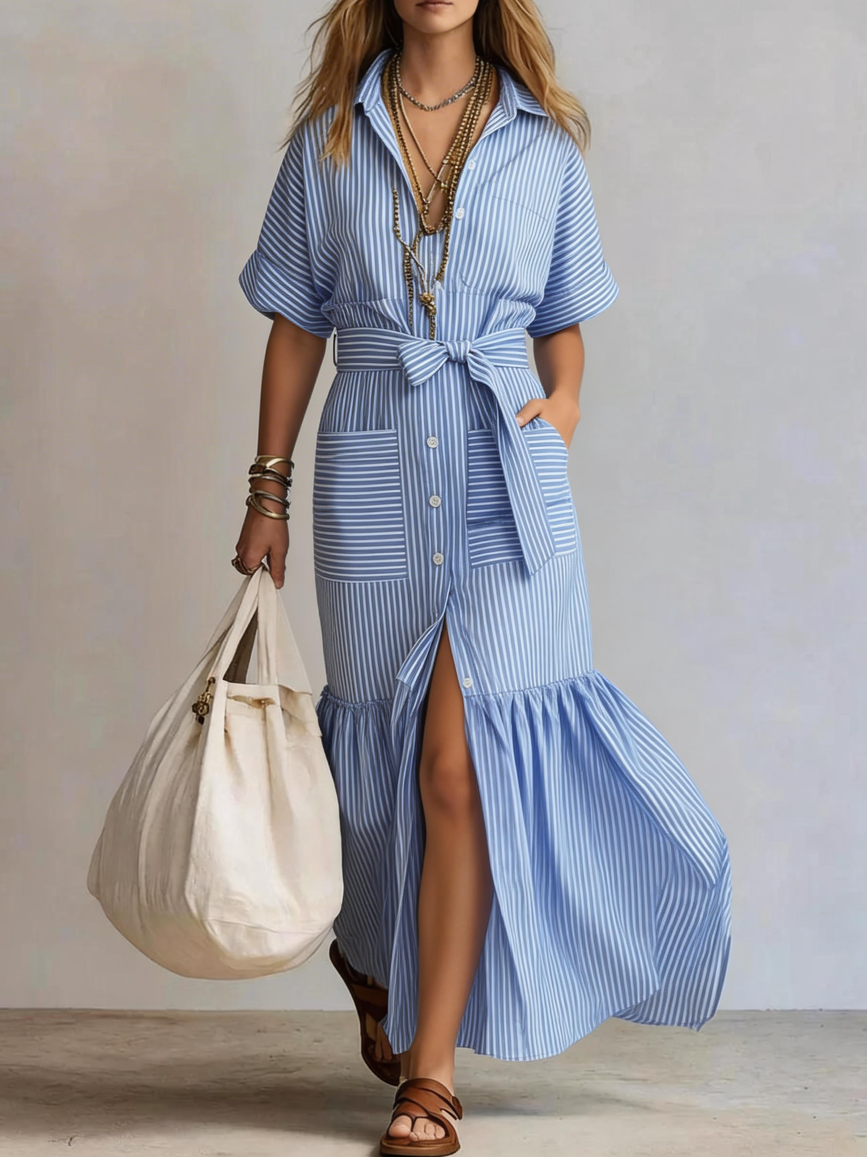 Striped Patchwork Maxi Shirtdress