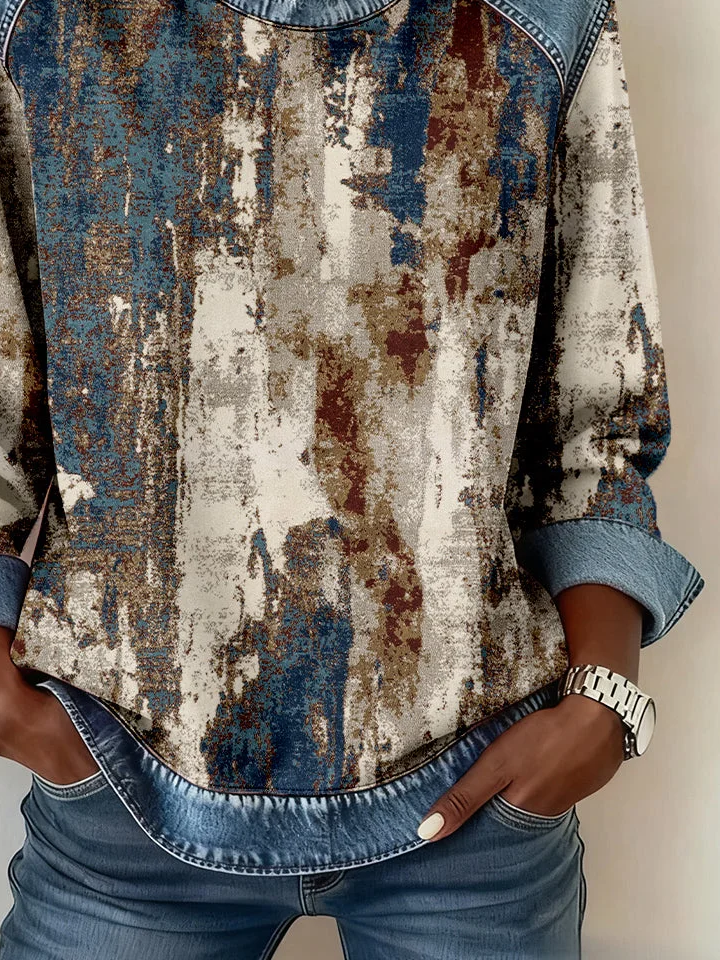 Women's Abstract Print Print Patchwork Denim Crewneck Long-Sleeved Sweatshirt