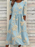 Women's Half Sleeve Summer Blue Floral Printing Crew Neck Daily Going Out Casual Maxi H-Line Dress