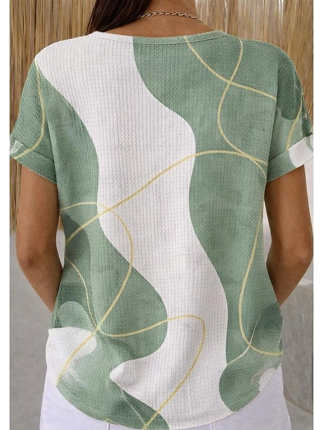Women's Abstract Geometric Print Waffle Knit Henley Short Sleeve T-Shirt