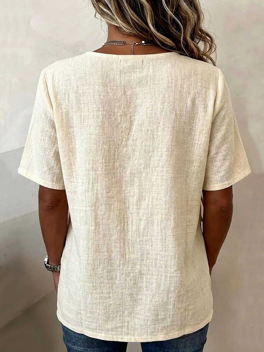 Loose Elegant Linen Blend V Neck Shirt