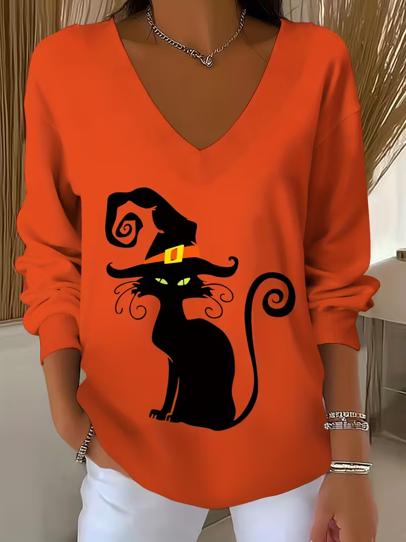 Women's Long Sleeve T-shirt Spring/Fall Orange Halloween Printing V Neck Daily Going Out Casual Top