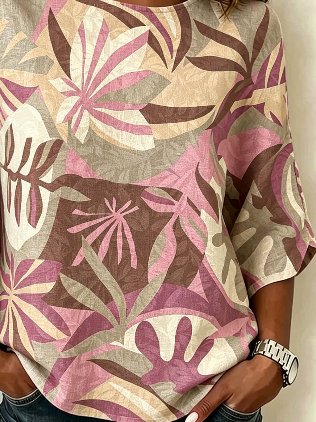 Cotton And Linen Pink Floral Vintage Loose Casual Top