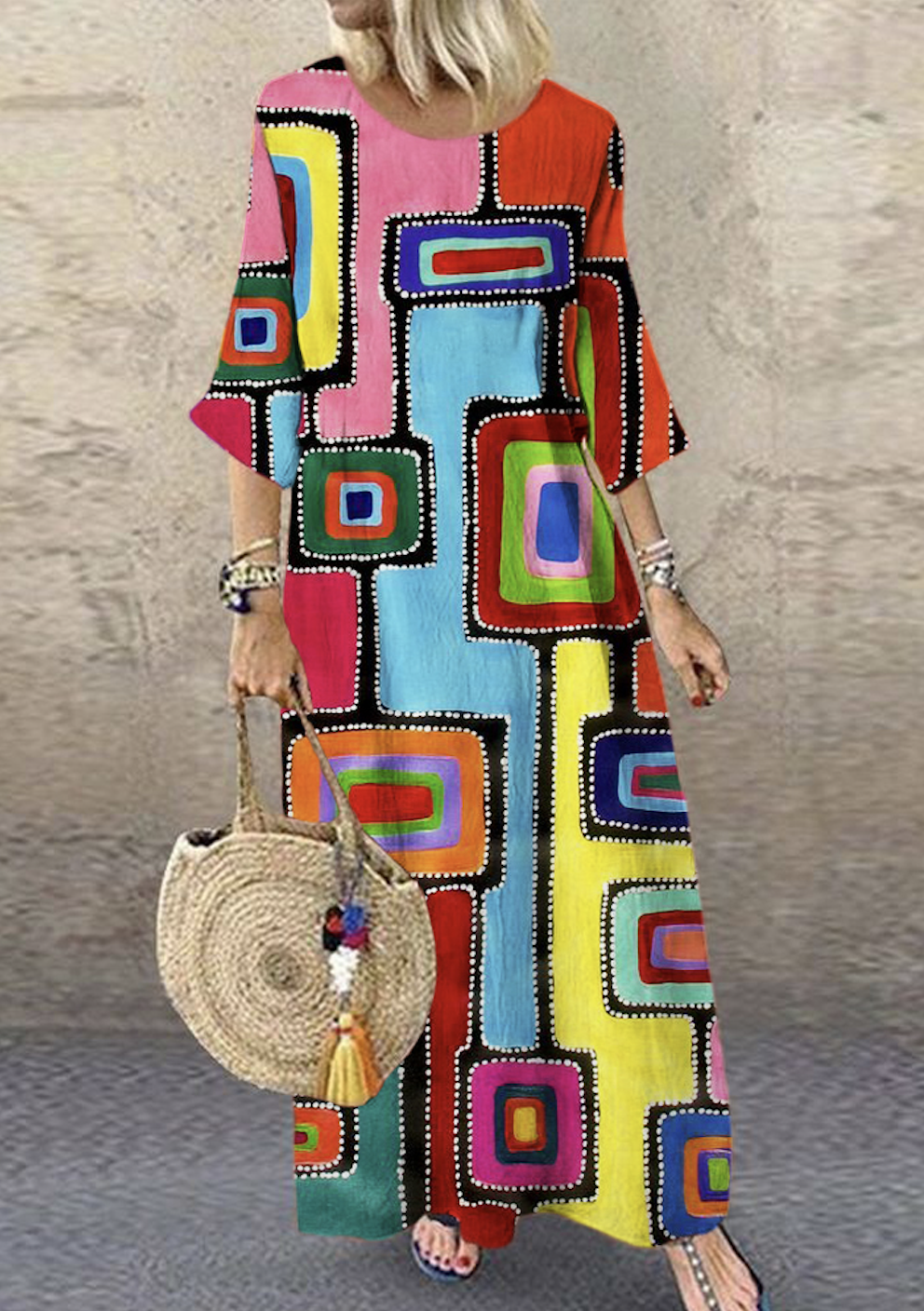 Crew Neck Regular Fit Vintage Cotton Dress With No Belt