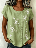 Women's 3D Floral Print Blouse Casual Short Sleeve Crew Neck Loose Button Down Shirt