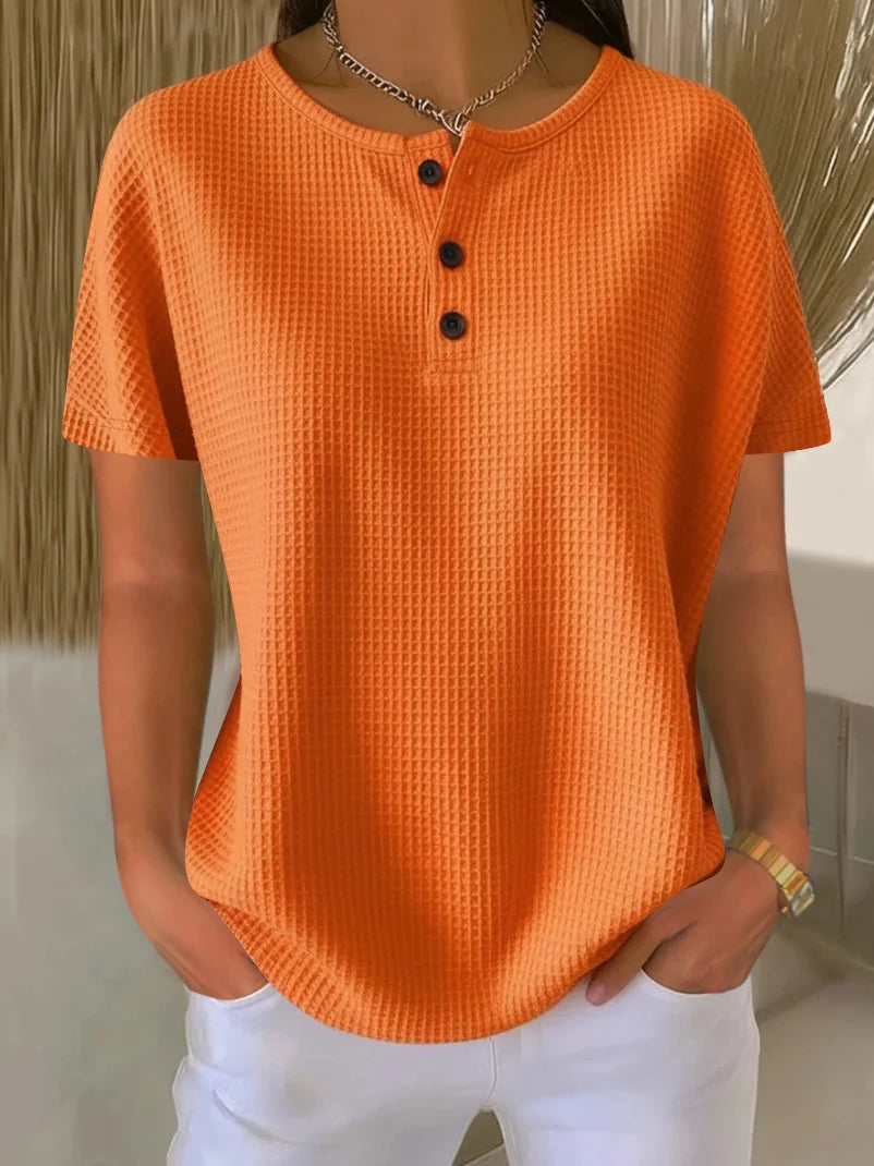 Women's Waffle Knit Henley T-shirt - Casual Short Sleeve Textured Shirt