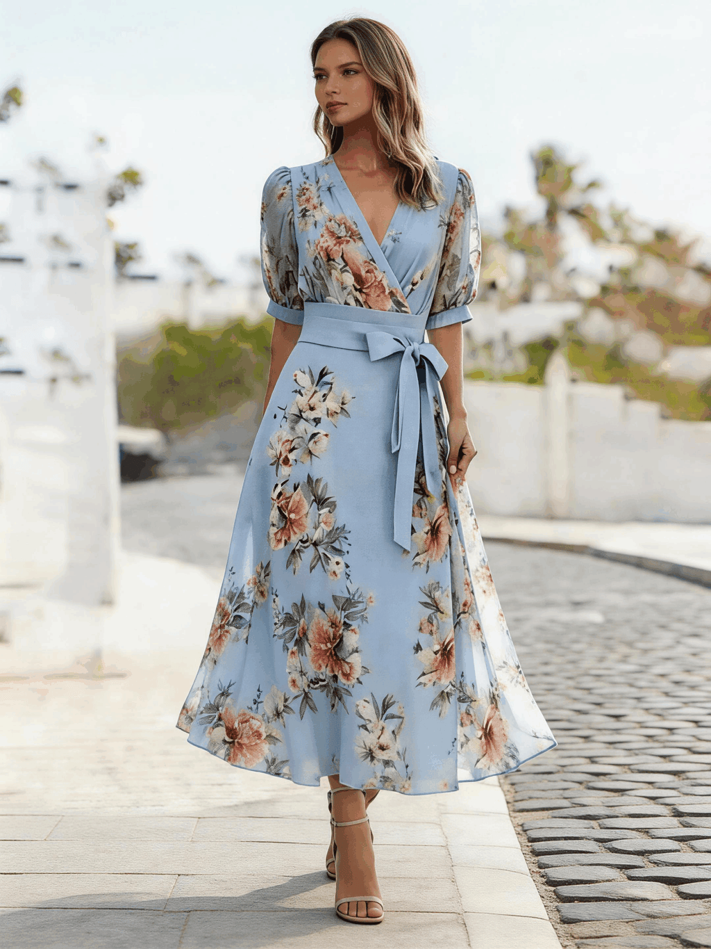Regular Fit Floral Elegant V Neck Dress With No