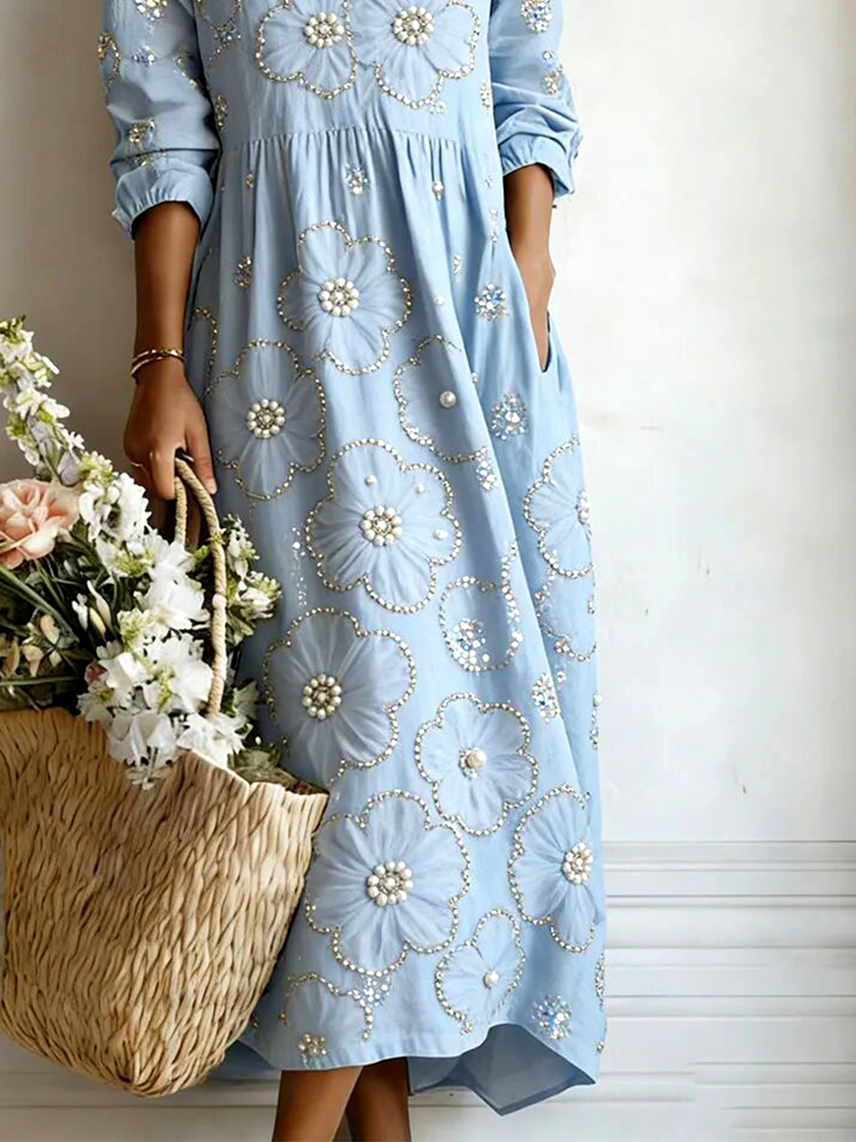 Vintage Loose V Neck 3D Printing Dress With No