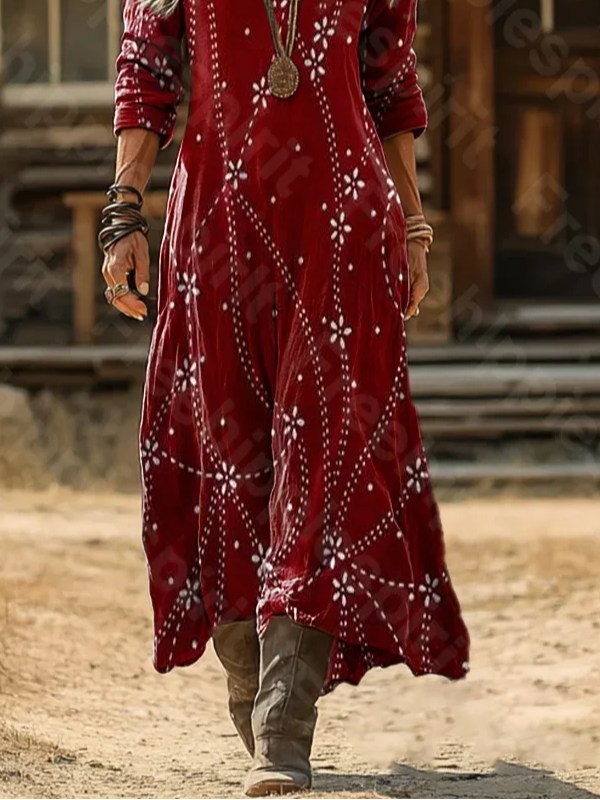 Women's Long Sleeve Spring/Fall Red Abstract Printing V Neck Daily Going Out Vintage Maxi H-Line Dress