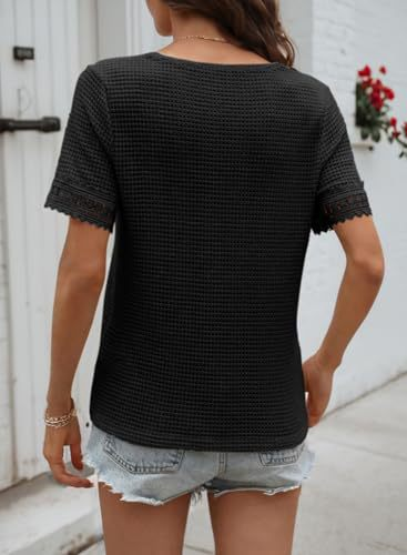 Knitted Lace Block V Neck Short Sleeve Casual T-Shirt