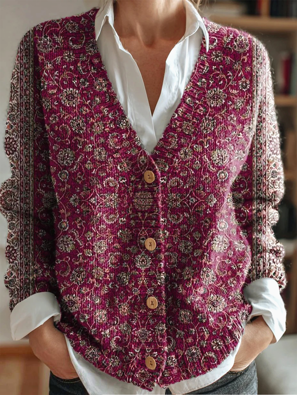Vintage Ethnic Floral Art Print Buttoned V-neck Cardigan Sweater