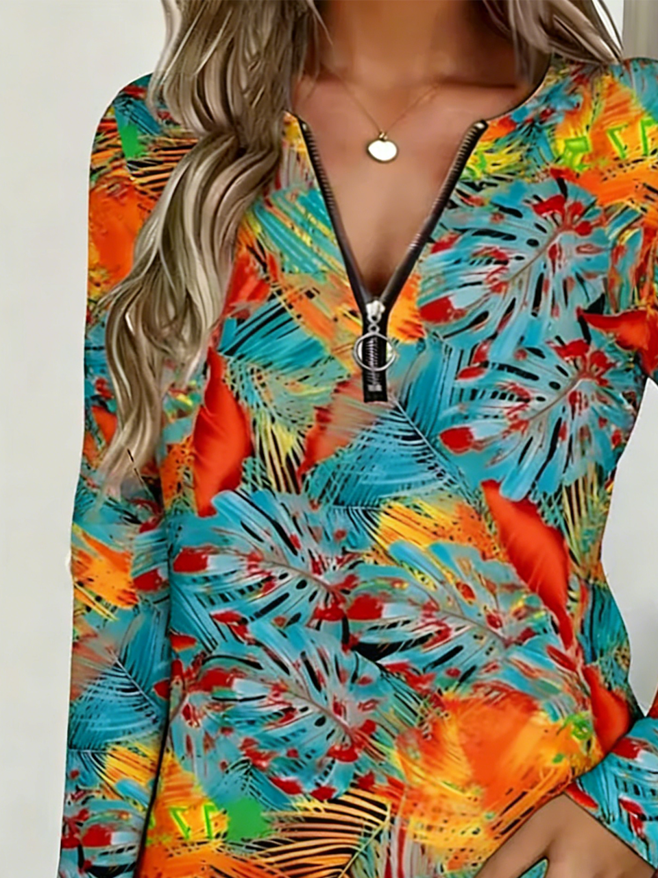 Casual V Neck Cotton-Blend Palm Leaf T-Shirt
