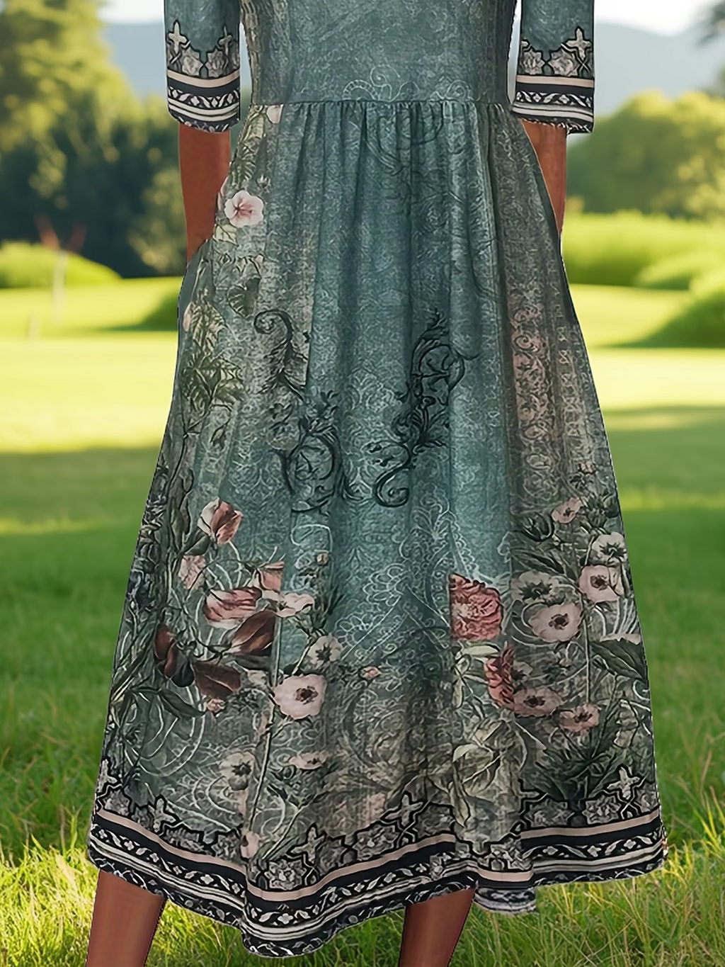 Women's Half Sleeve Summer Green Floral Printing Crew Neck Daily Going Out Casual Maxi H-Line Dress