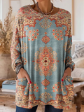 Women's Long Sleeve T-shirt Spring/Fall Blue Floral Printing Crew Neck Daily Going Out Vintage Top