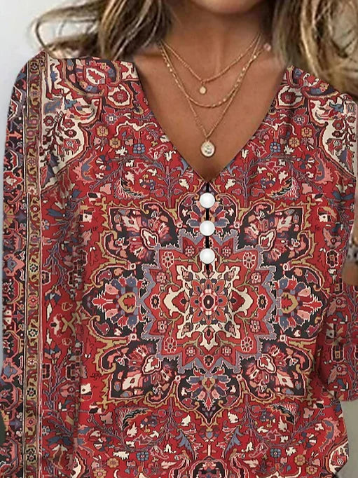 Nationality/Ethnic Casual V Neck Loose T-Shirt