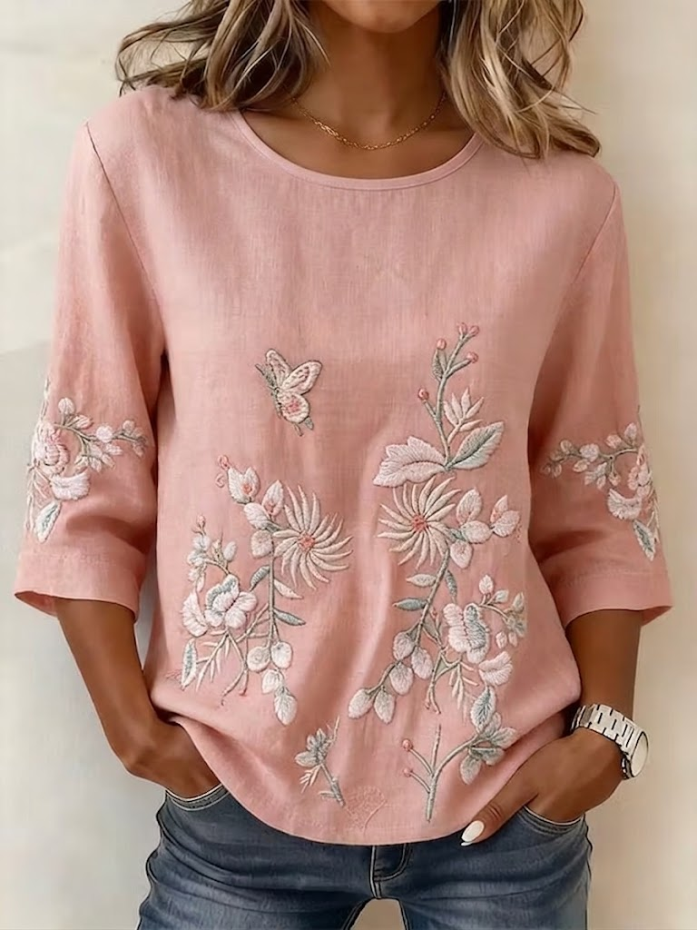 Women's Half Sleeve Blouse Summer Pink Floral Printing Crew Neck Daily Going Out Vintage Top