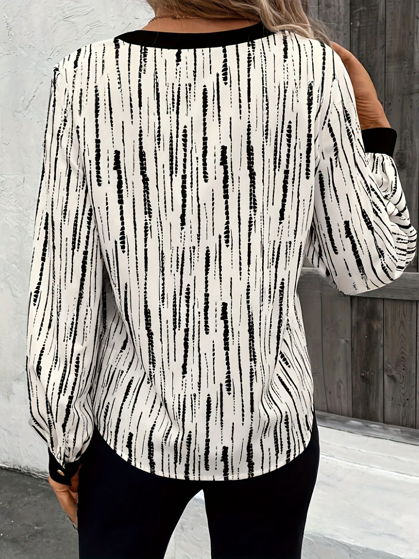 Elegant Color Block Stripe Long Sleeve V Neck Blouse