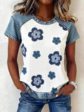 Denim Look Color Block Floral Printing Round Neck Short Sleeve Summer Going Out Casual T-Shirt