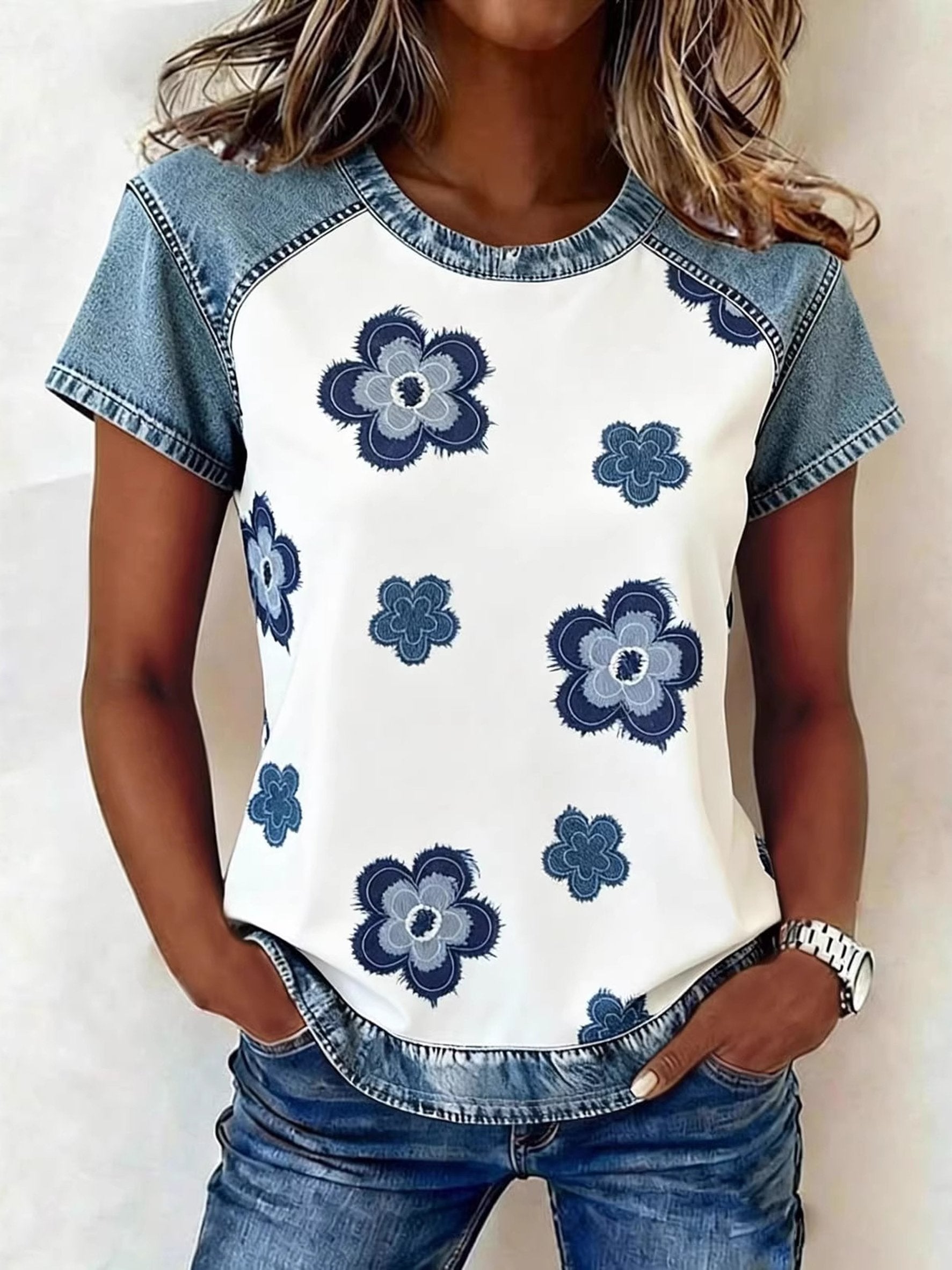 Denim Look Color Block Floral Printing Round Neck Short Sleeve Summer Going Out Casual T-Shirt