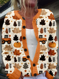Women's Pumpkin Maple Leaf Print Crew Neck Button Cardigan