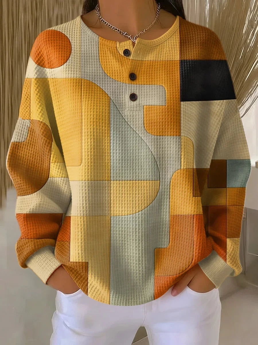 Women's Abstract Print Button-Up Casual Waffle Knit Sweatshirt