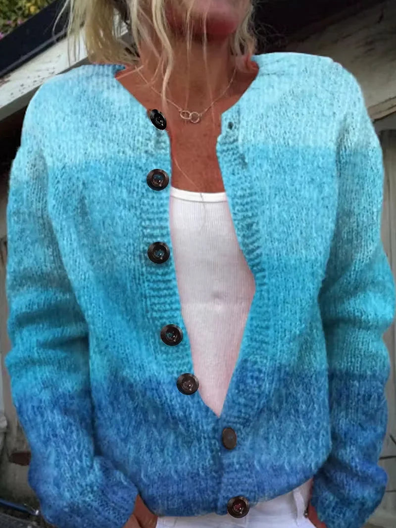 Printing Ombre Vintage Crew Neck Cardigan