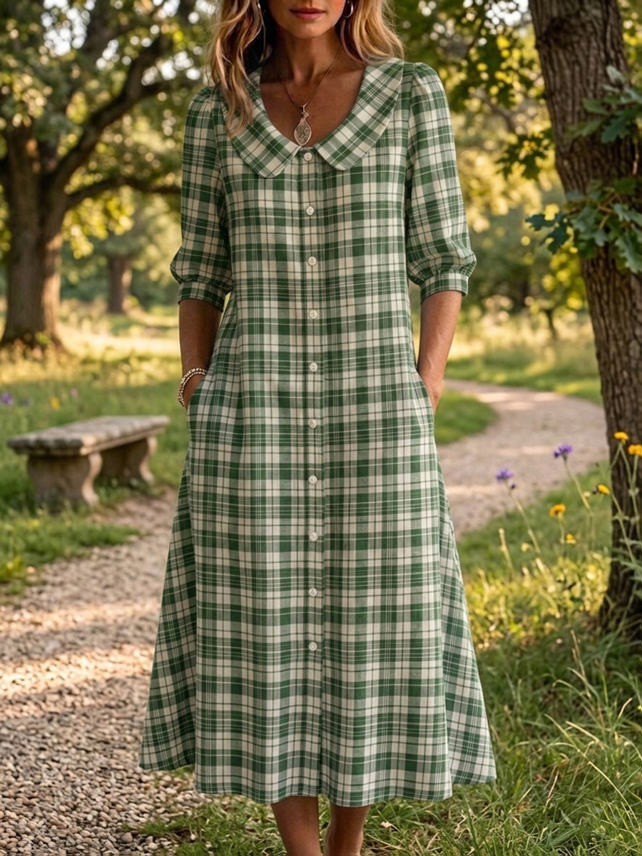 Mother's Day Gift❤️Cotton Linen Plaid Peter Pan Collar Midi Dress