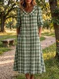 Mother's Day Gift❤️Cotton Linen Plaid Peter Pan Collar Midi Dress