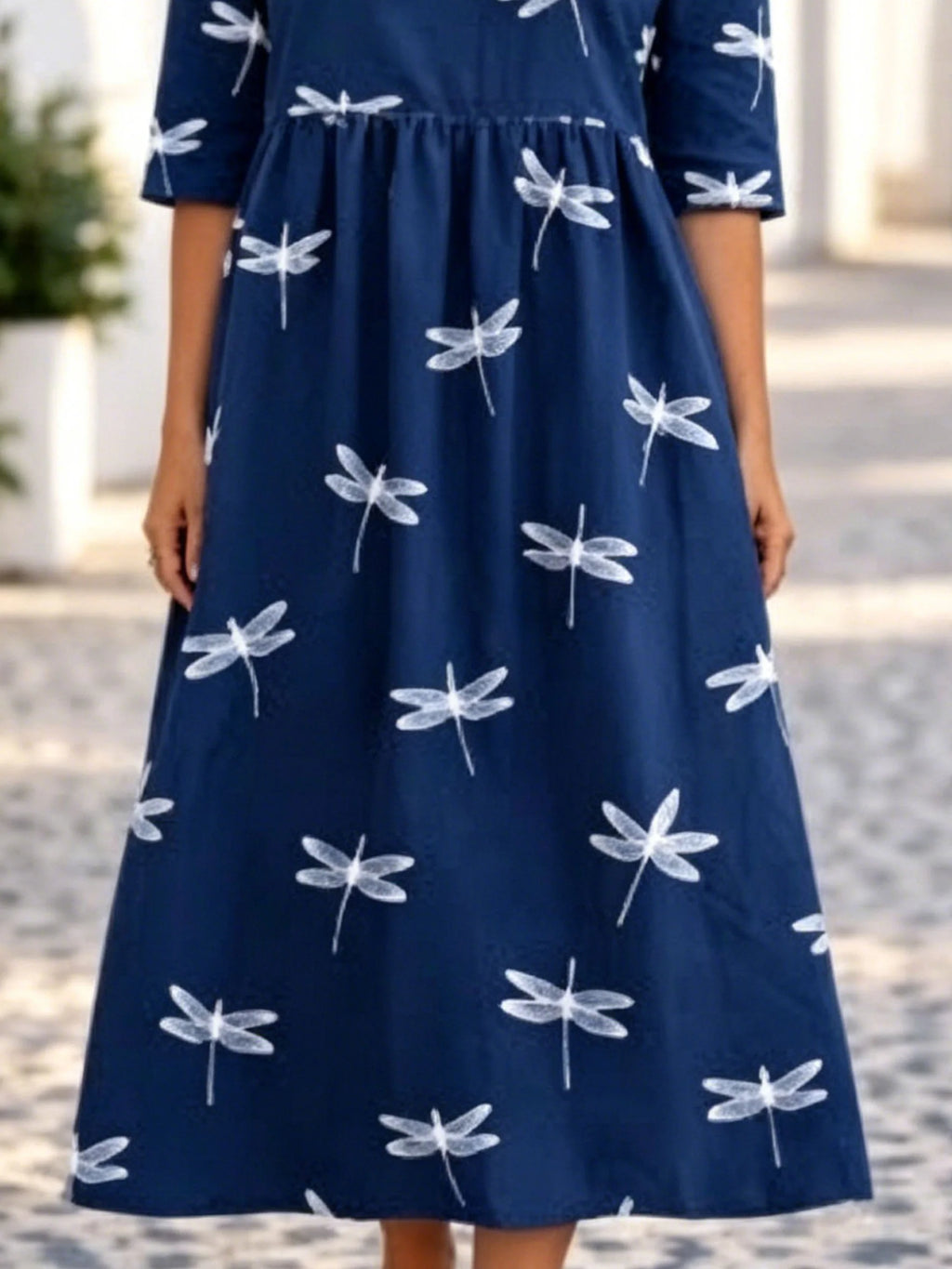 Women's As Picture Dragonfly Printed Casual Crew Neck Cotton-Blend Casual Midi Dress