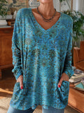 Women's Long Sleeve T-shirt Spring/Fall Blue Floral Printing V Neck Daily Going Out Vintage Top