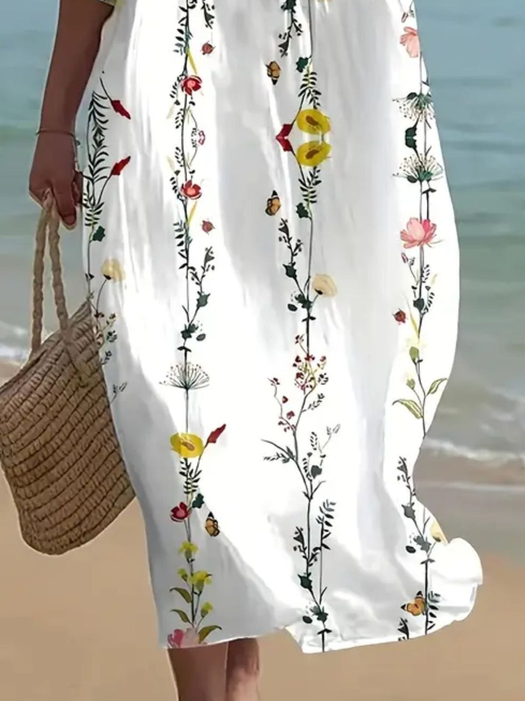 Women Floral Crew Neck Short Sleeve Comfy Casual Maxi Dress