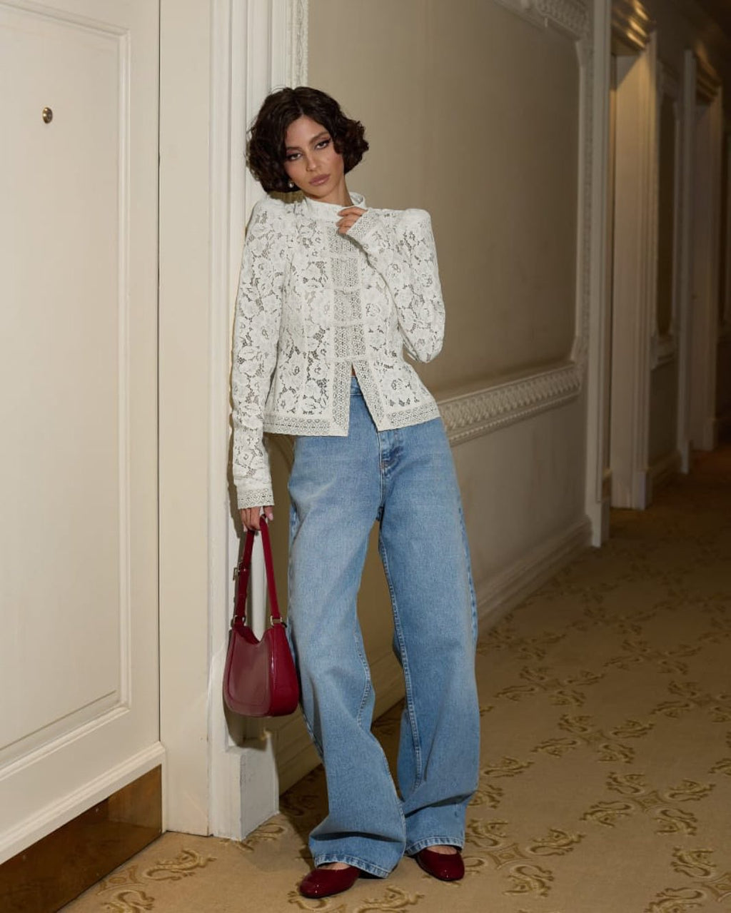 Mock Neck Elegant Lace Cotton-Blend Shirt
