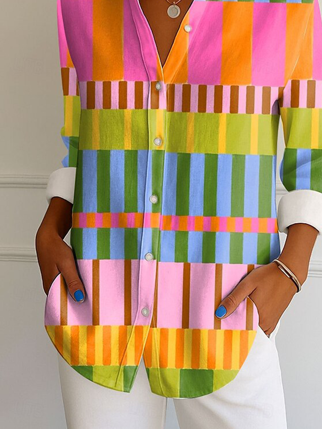 Casual Geometric Cotton V Neck Shirt