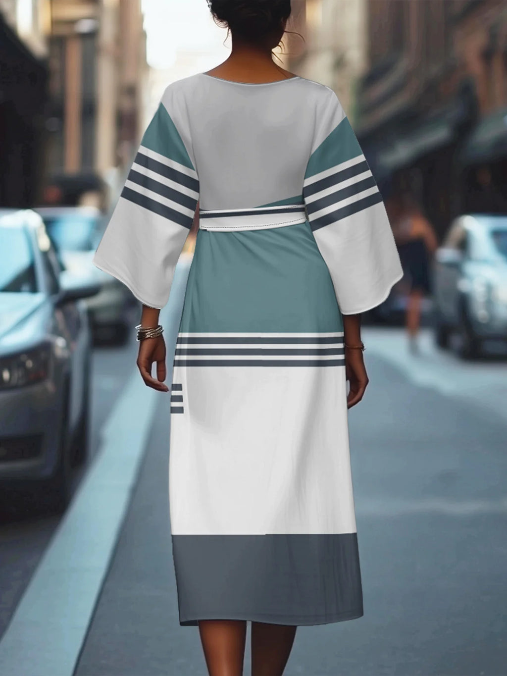 Dolman Sleeve Multicolor Block Regular Fit Vintage Crew Neck Dress With Belt