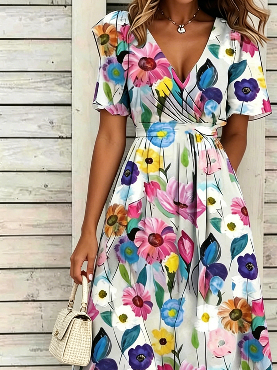 Regular Fit V Neck Elegant Floral Dress With No
