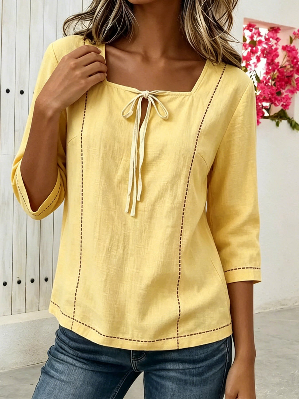 Plain Square Neck Loose Vintage Blouse