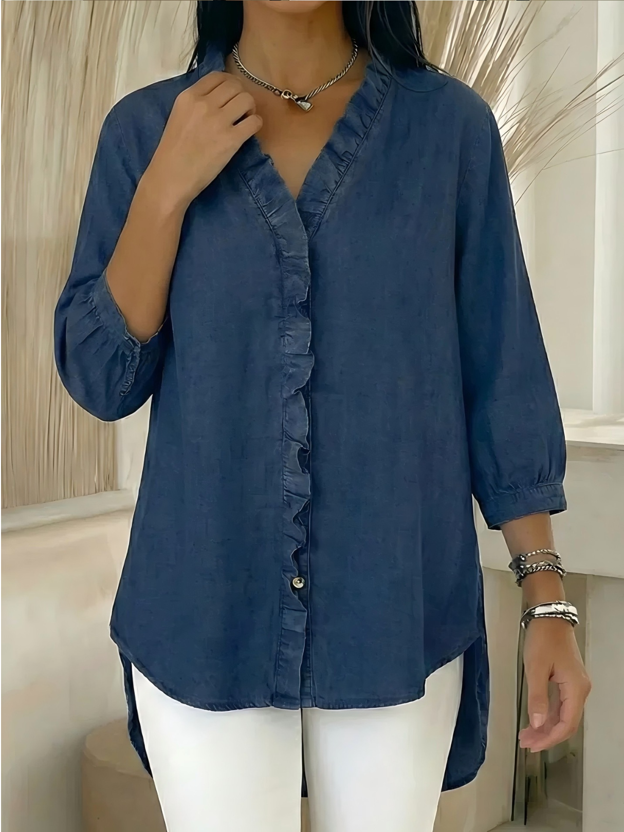 Plain Elegant V Neck Ruffle Denim Blouse