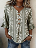 Women's Half Sleeve Blouse Summer Green Floral Printing V Neck Daily Going Out Vintage Top