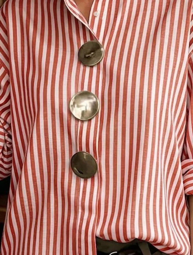Striped Stylish Stand-collar Metal Buttons Commuting Going Out Casual Shirt