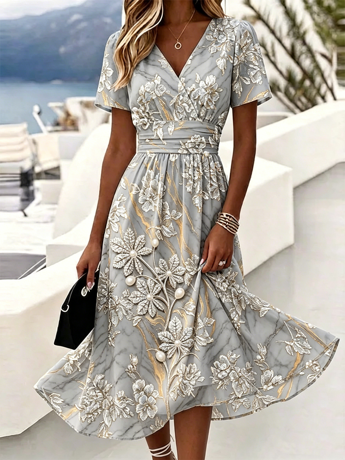 Women's Grey Marble Floral 3D Print Slimming Wrap Midi Dress V-Neck Short Sleeve Elegant A-Line Dress