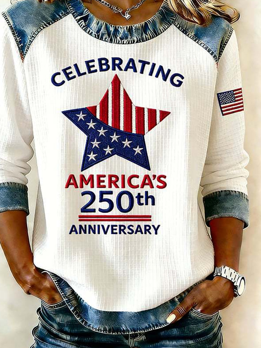 Street Denim Color Block Letter Pattern Round Neck Long Sleeve Independence Day Going Out Casual Sweatshirt