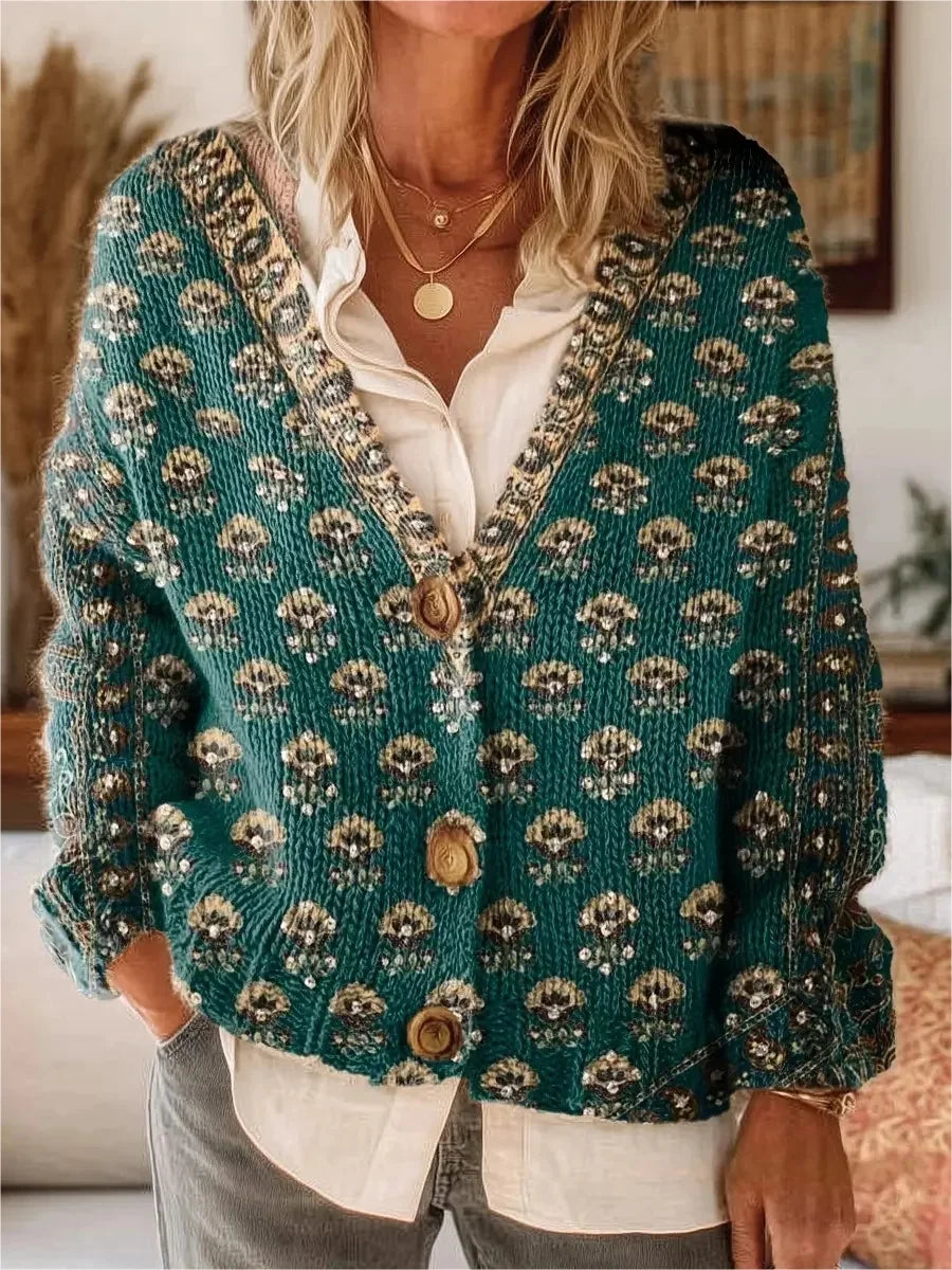 Women's Boho Folk Floral Print Buttoned V-neck Cardigan Sweater