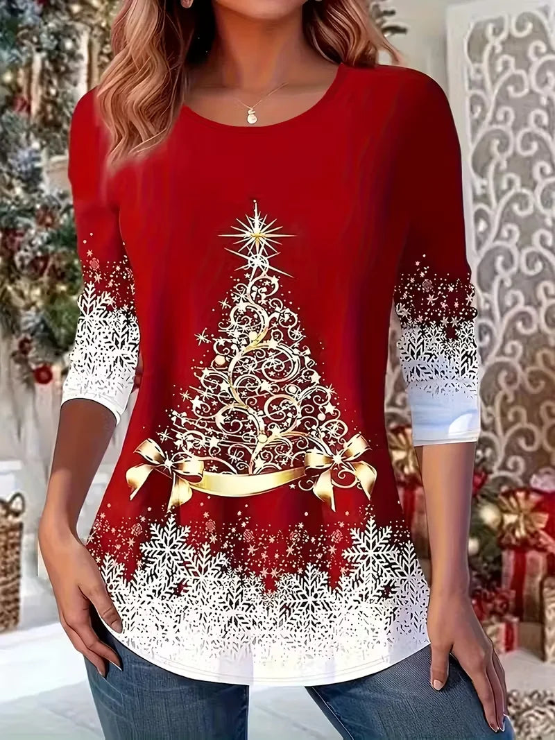 Women's Long Sleeve T-shirt Spring/Fall Red Christmas Jersey Crew Neck Daily Going Out Casual Top