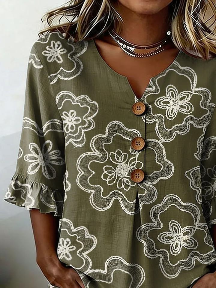 Women's Half Sleeve Blouse Summer Army Green Floral Printing V Neck Daily Going Out Vintage Top