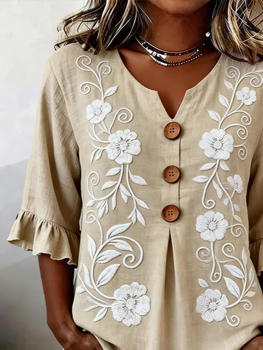Women's Half Sleeve Blouse Summer Light Khaki Floral Printing V Neck Daily Going Out Vintage Top