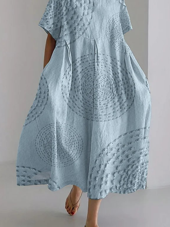 Sea Waves Ripples Japanese Embroidered Linen Blend Maxi Dress
